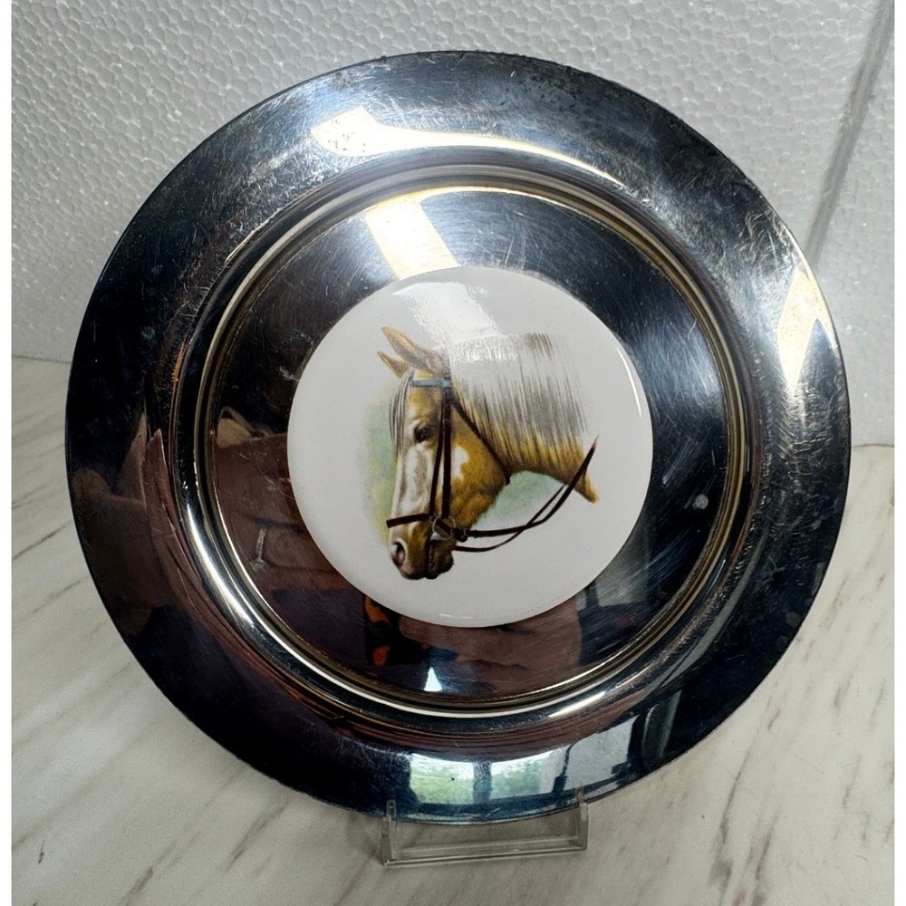 Vintage Equestrian Horse Portrait Metal Plate Ceramic Medallion Decorative Tray